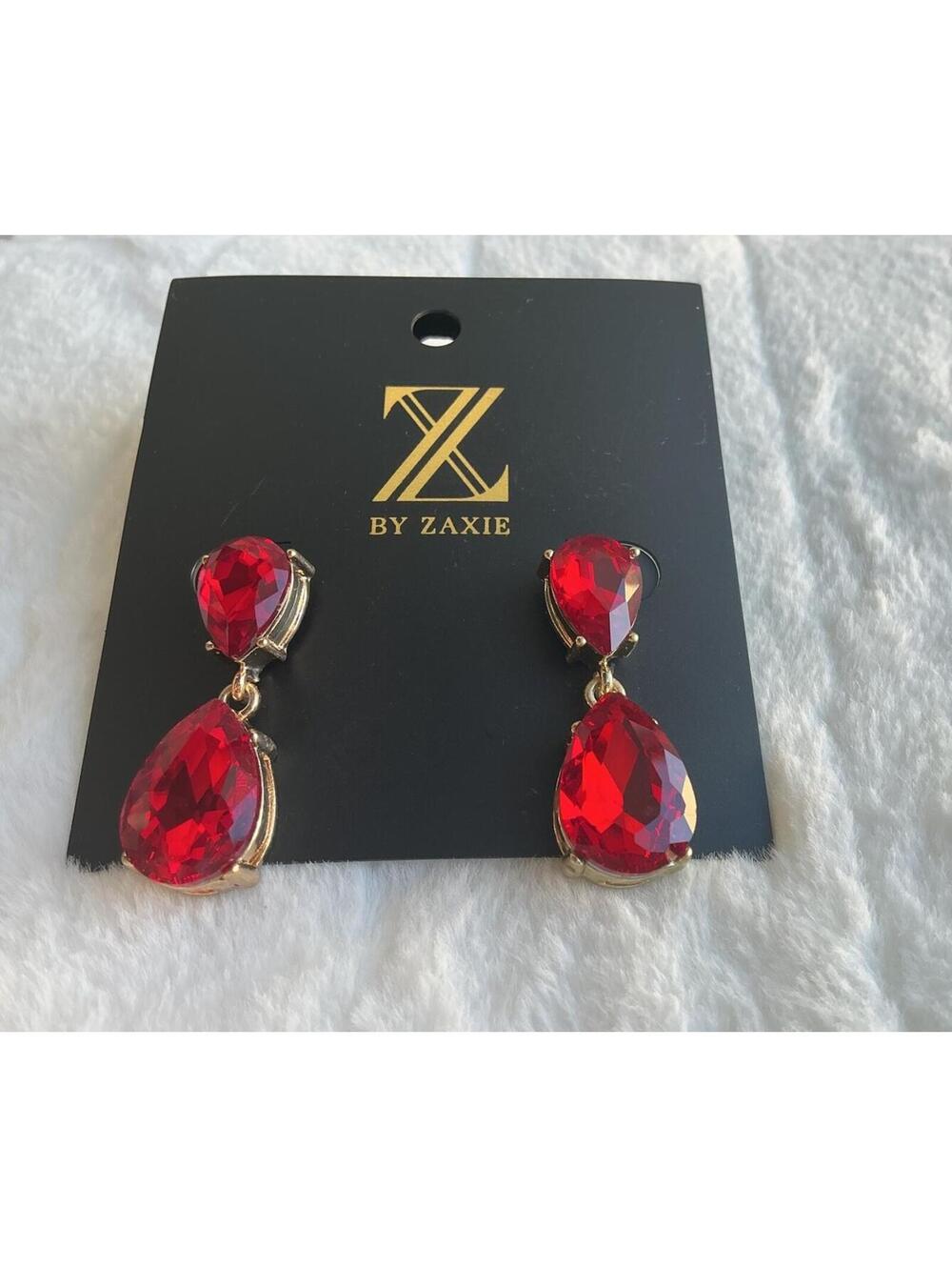 Zaxie Ruby Red Crystal Teardrop Dangle Drop Earrings Gold Tone Statement NWT